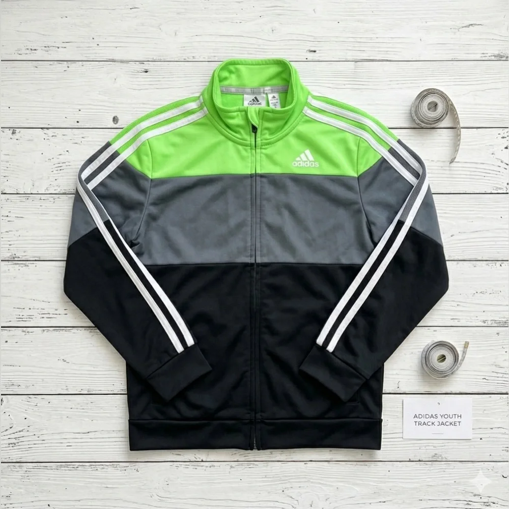 Adidas Boys Size 7 Colorblock Track Jacket Neon Green Gray Black Full Zip